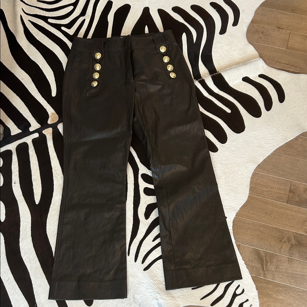 Derek Lam Brown Vegan Leather Flare Pants with Gold Buttons 4